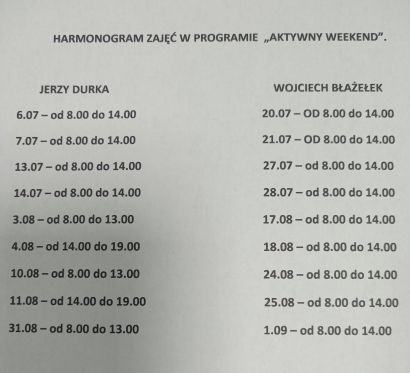 Harmonogram w ramach zajęć Aktywny Weekend 